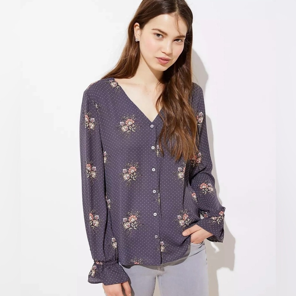Loft Floral Print Women's Top XL Gray